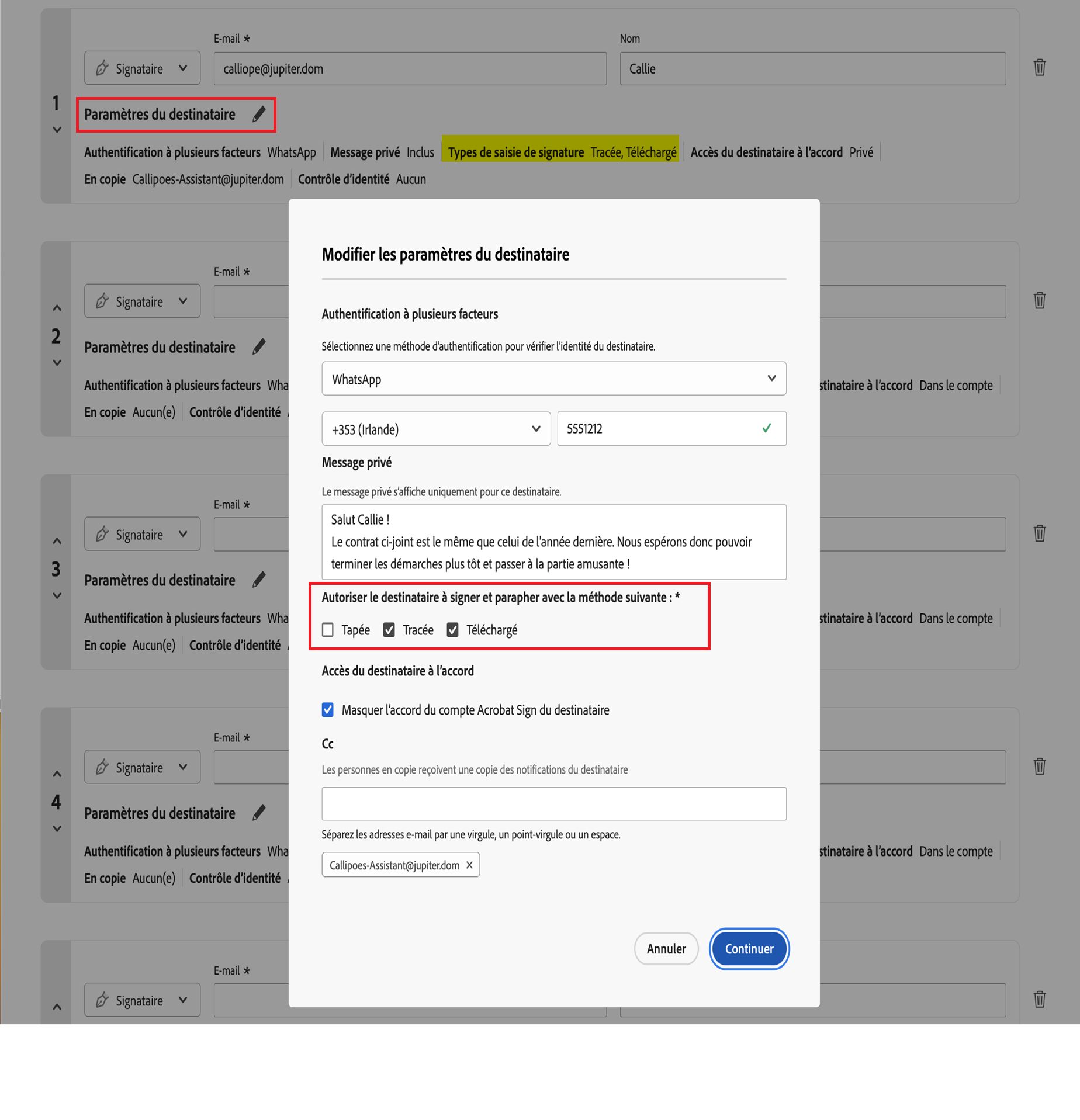 Menu Paramètres du destinataire avec les commandes Types de signature autorisés mises en surbrillance.