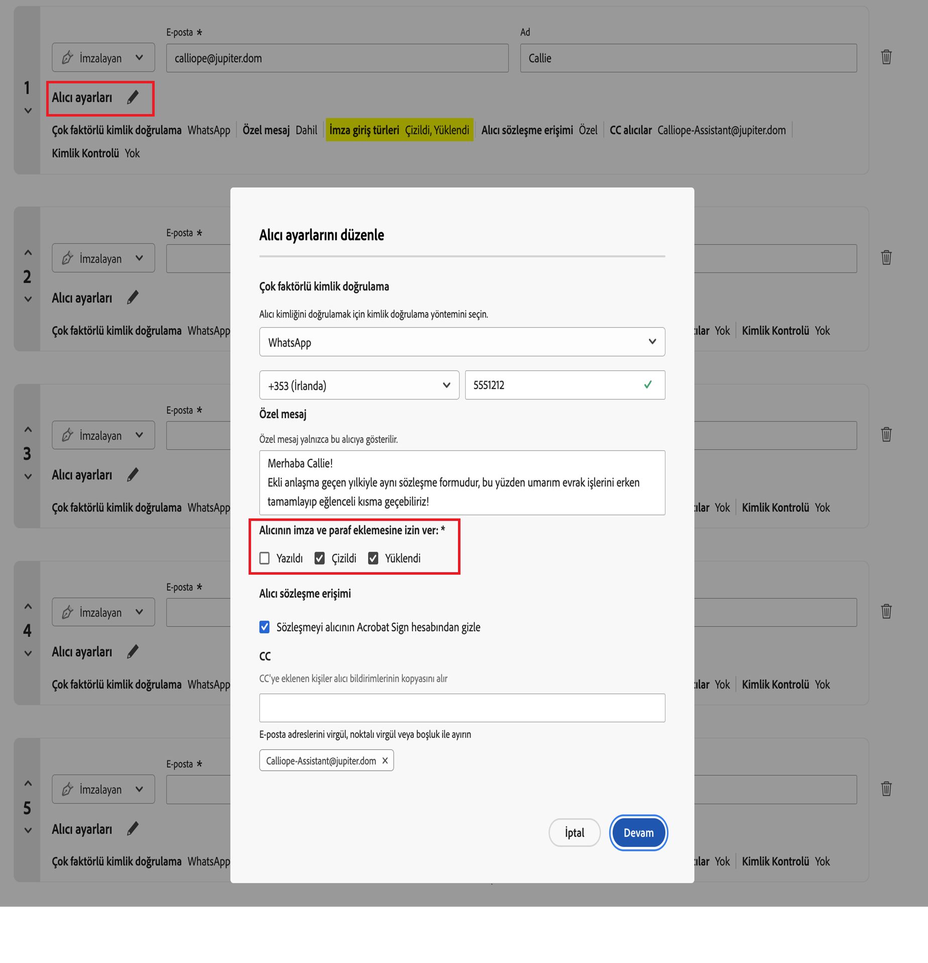 İzin Verilen İmza Türleri kontrollerini vurgulayan Alıcı ayarları menüsü.