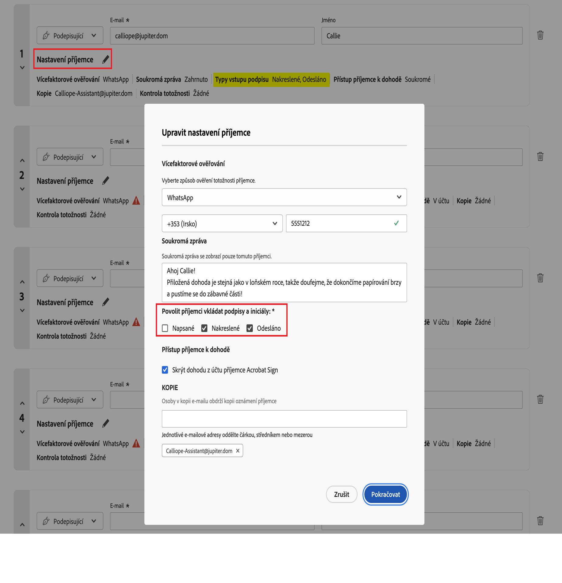 Nabídka nastavení příjemce zvýrazňující ovládací prvky Povolené typy podpisů.