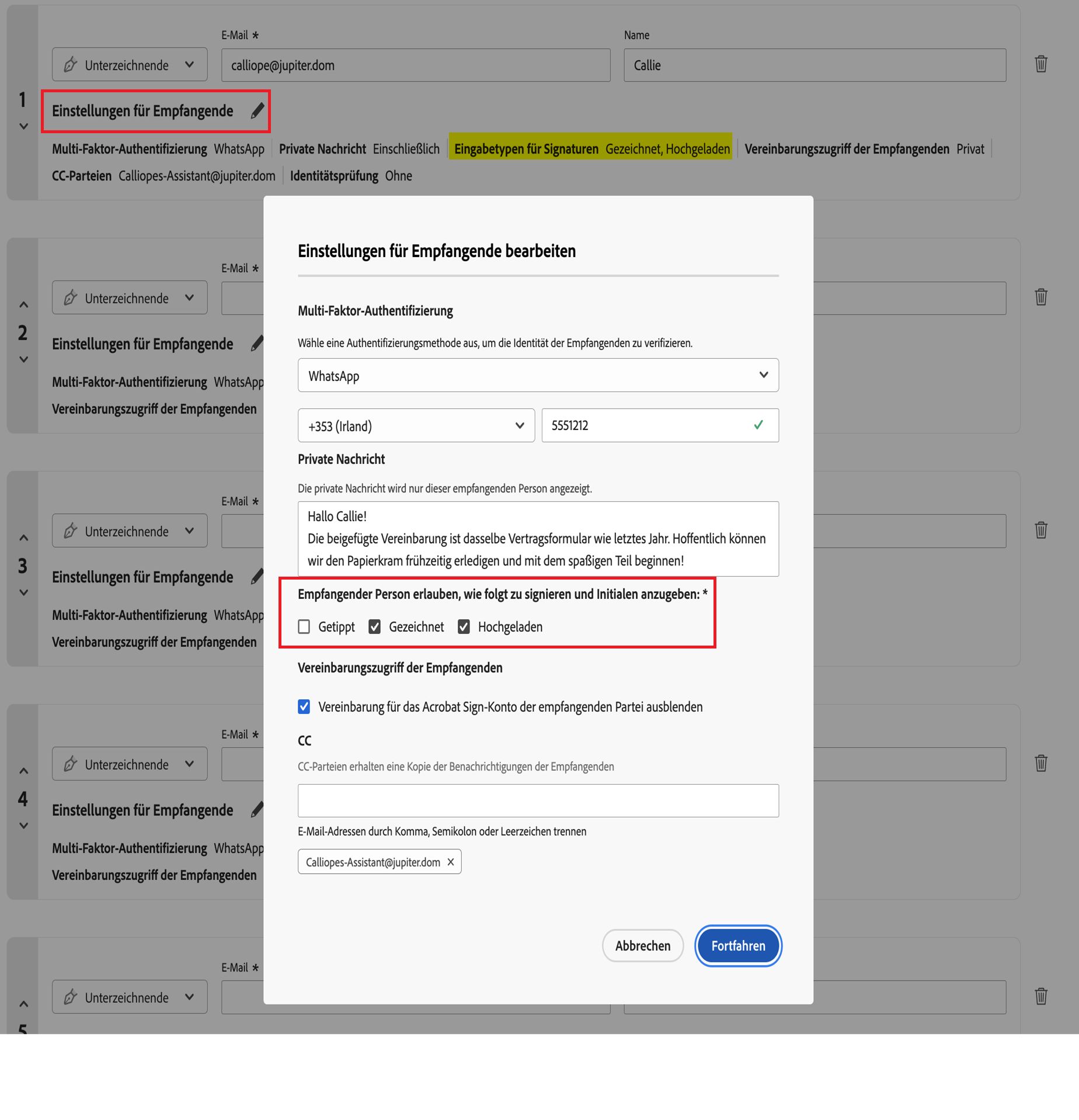 Das Menü „Einstellungen für Empfangende“ mit hervorgehobenen Steuerelementen für zulässige Signaturtypen.