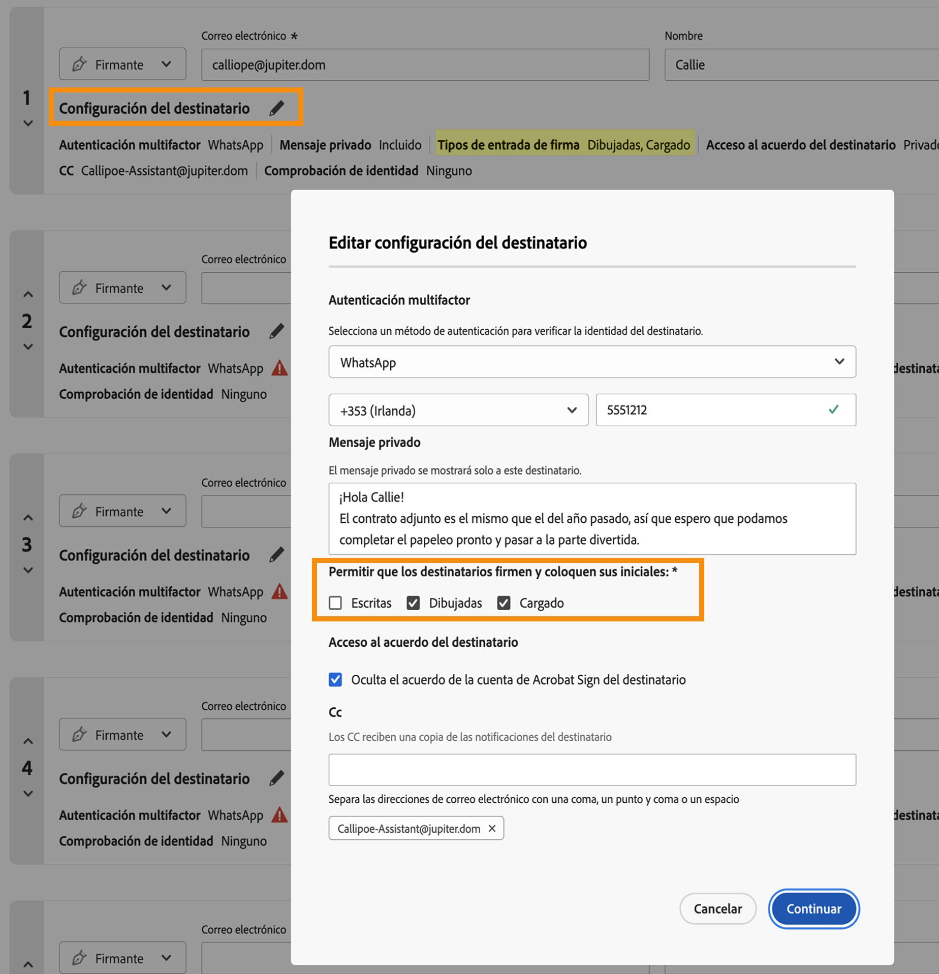 Menú de configuración del destinatario resaltando los controles de tipos de firma permitidos.