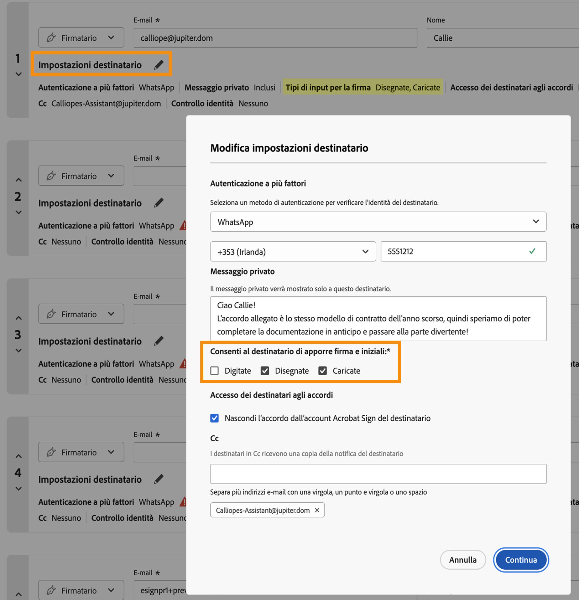 Menu Impostazioni destinatario che evidenzia i controlli dei tipi di firma consentiti.