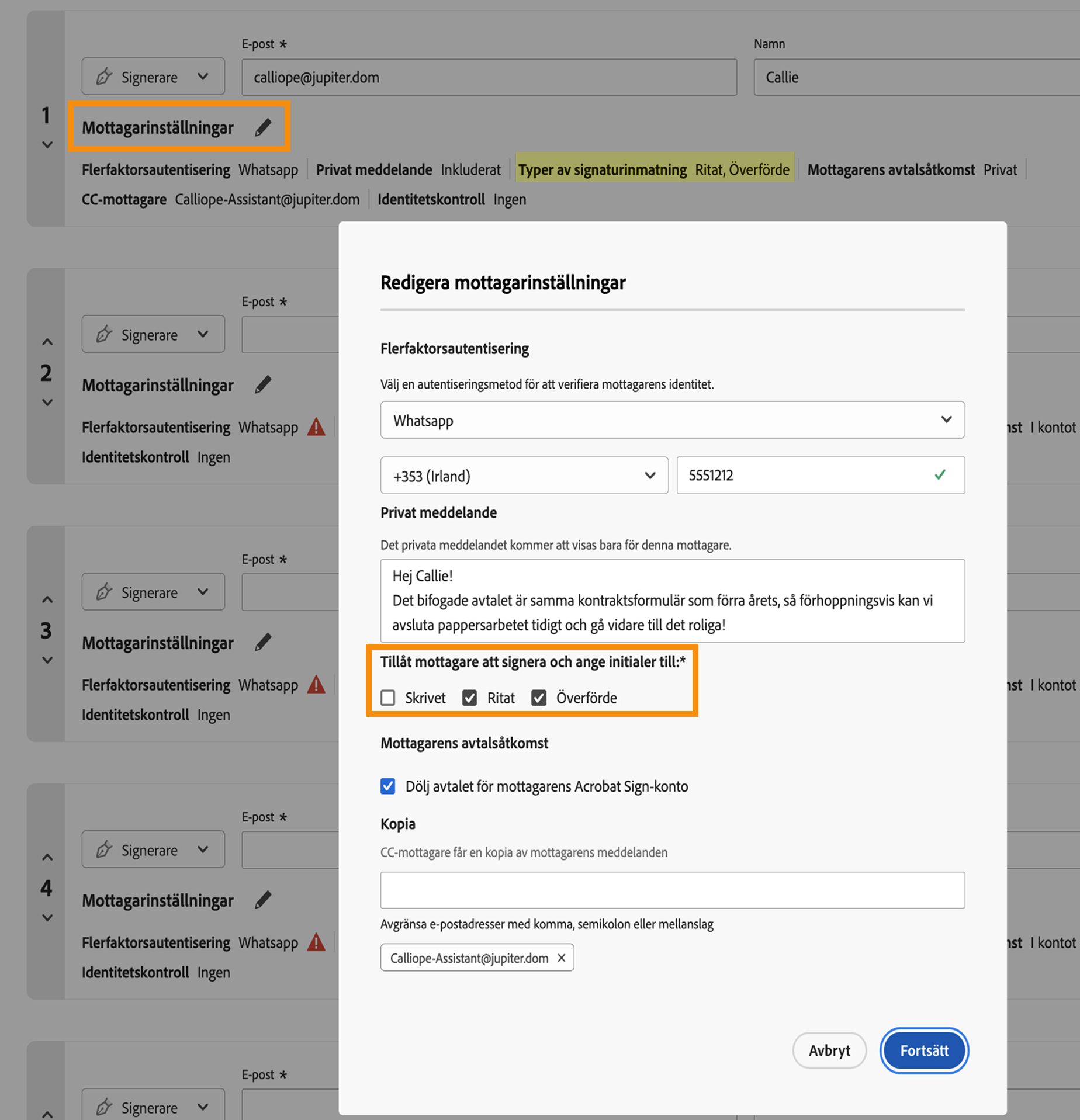 På menyn Mottagarinställningar visas kontrollerna för tillåtna signaturtyper.