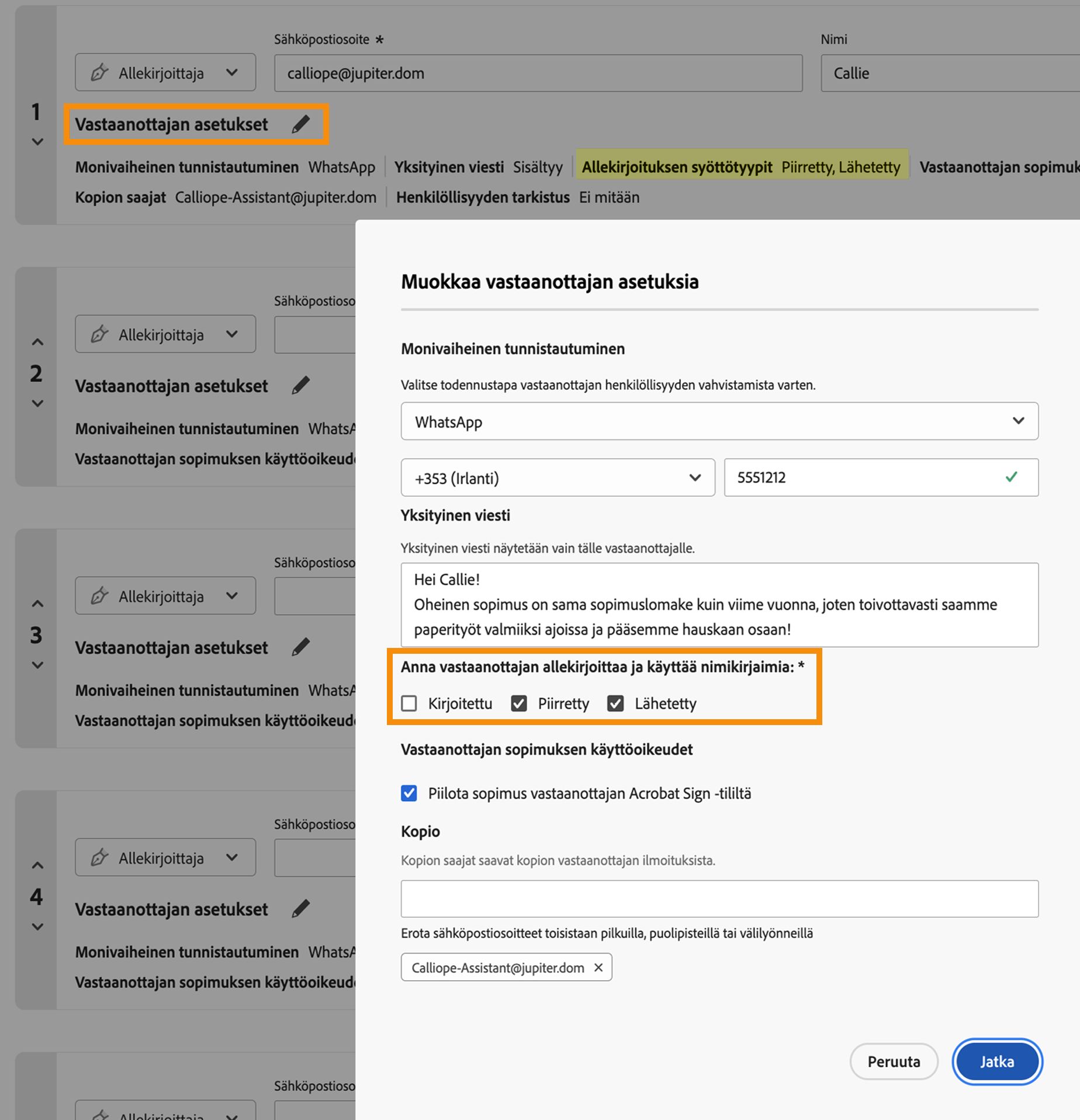 Vastaanottajan asetukset -valikko, jossa Sallitut allekirjoitustyypit -ohjausobjektit ovat korostettuina.