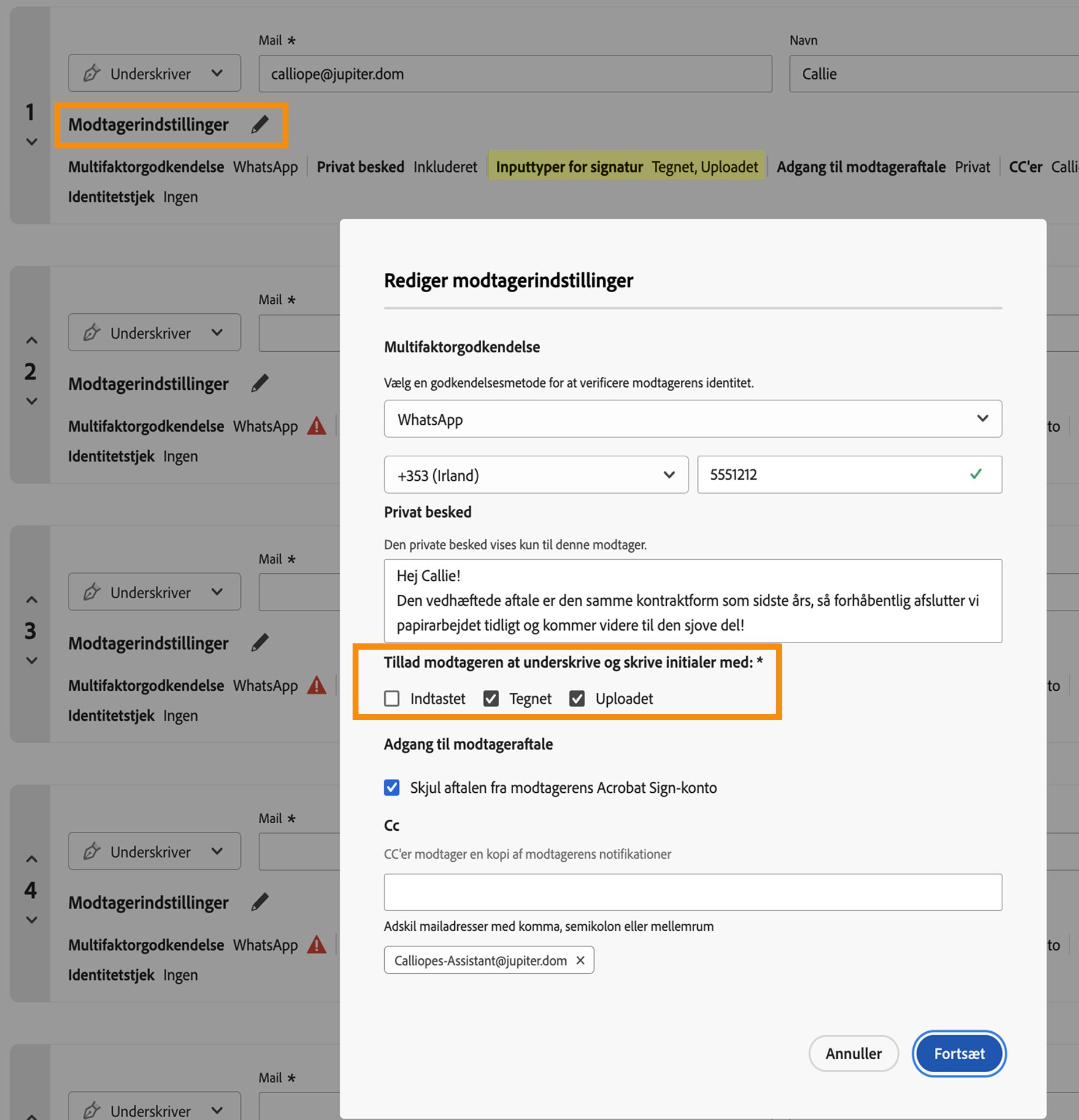 Menuen Modtagerindstillinger, der fremhæver kontrolelementerne Tilladte signaturtyper.