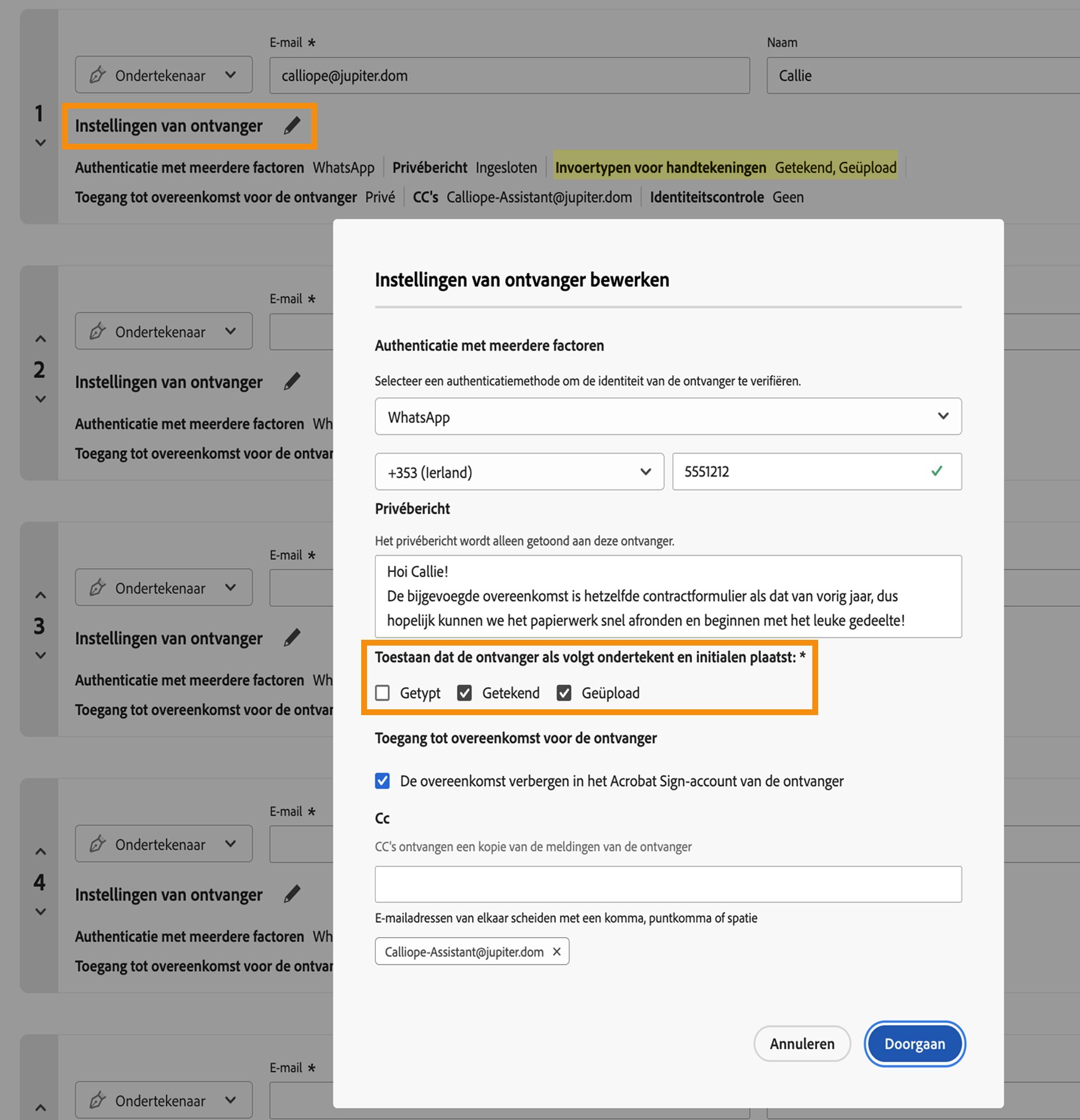 Het menu Instellingen voor ontvangers met de besturingselementen voor Toegestane handtekeningtypen gemarkeerd.