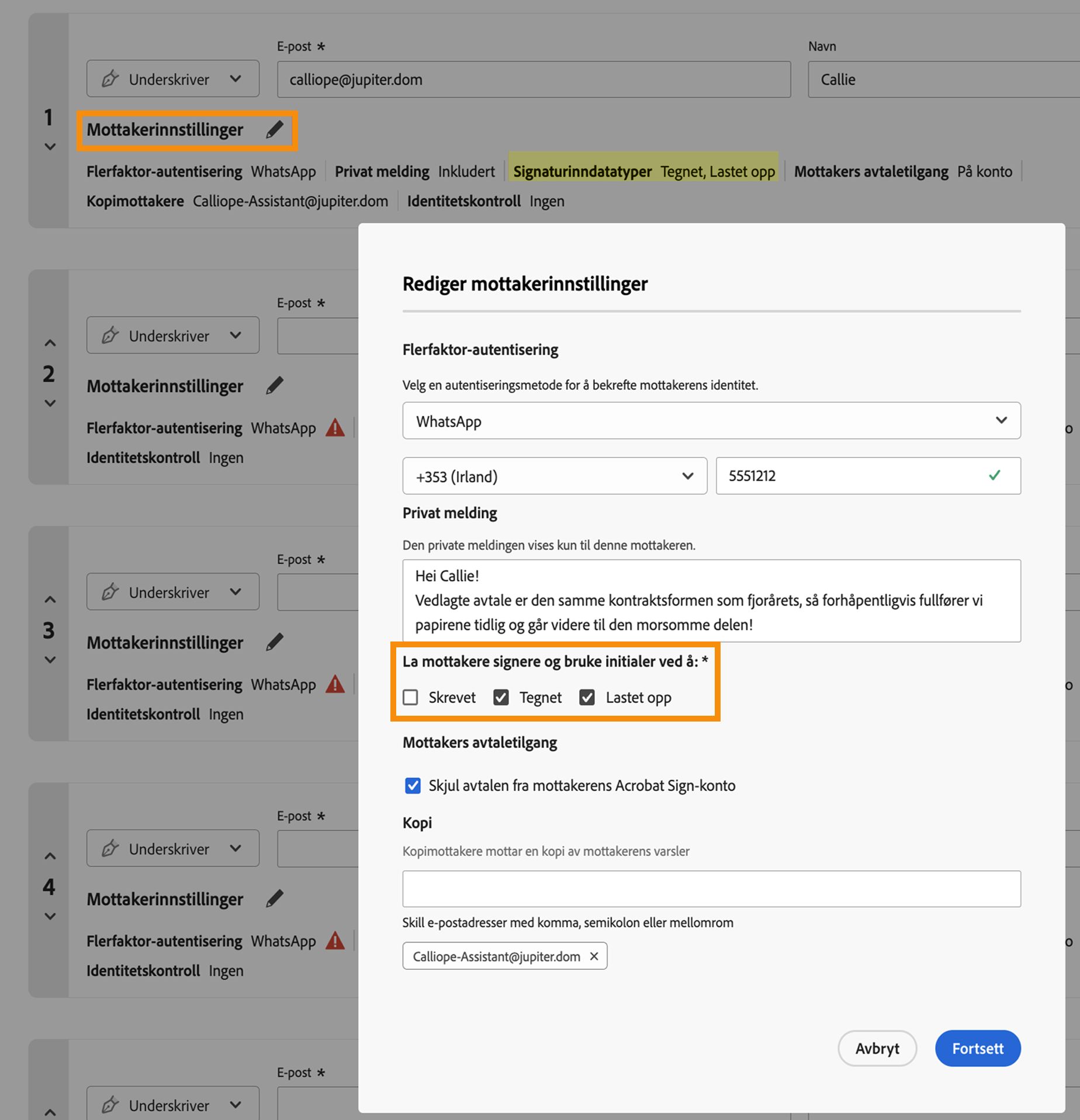 Menyen Mottakerinnstillinger uthever kontrollene for Tillatte signaturtyper.