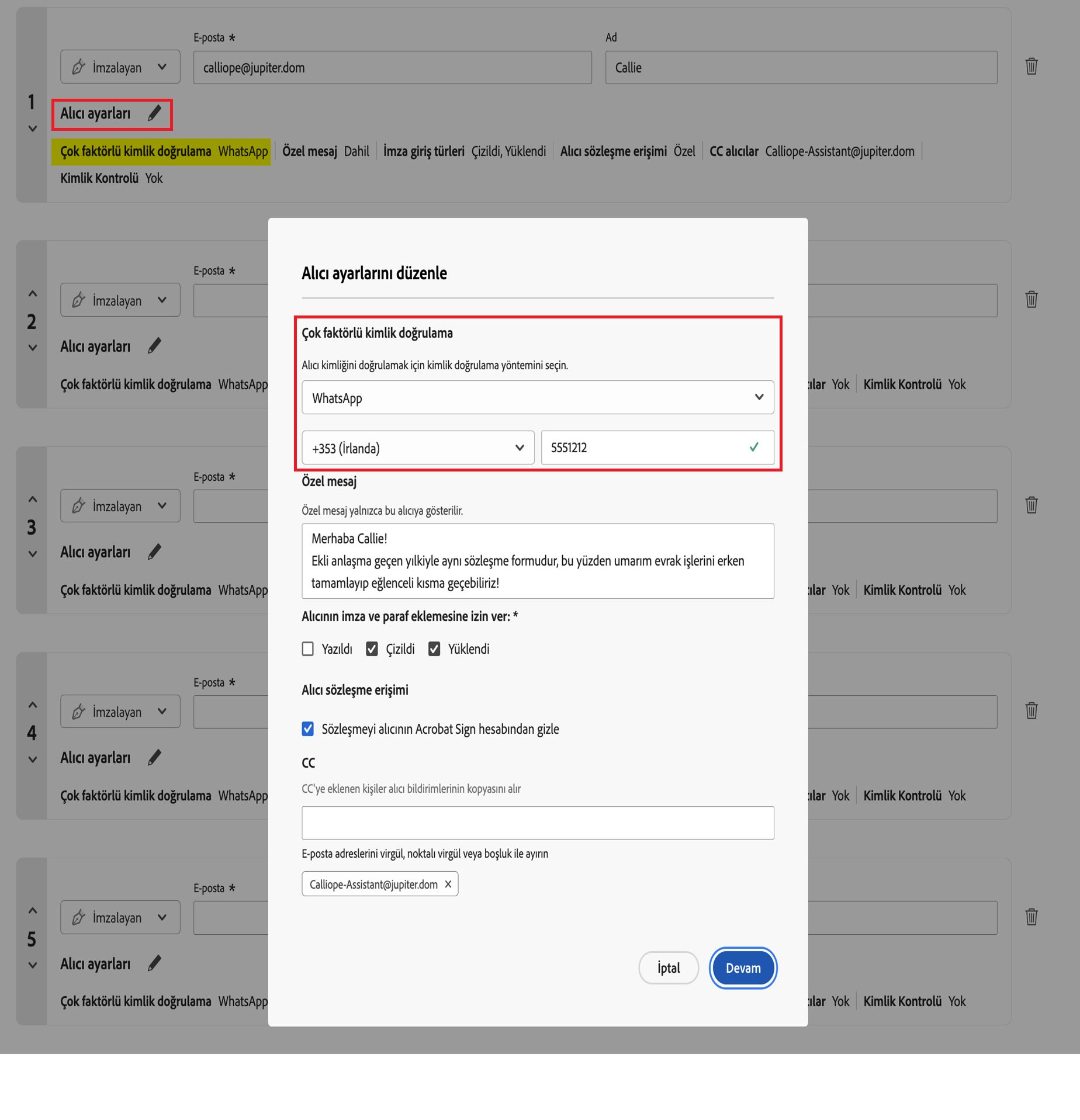 &quot;Çok faktörlü kimlik doğrulama&quot; genişletilmiş halde açılan &quot;Alıcı ayarları&quot; seçeneği