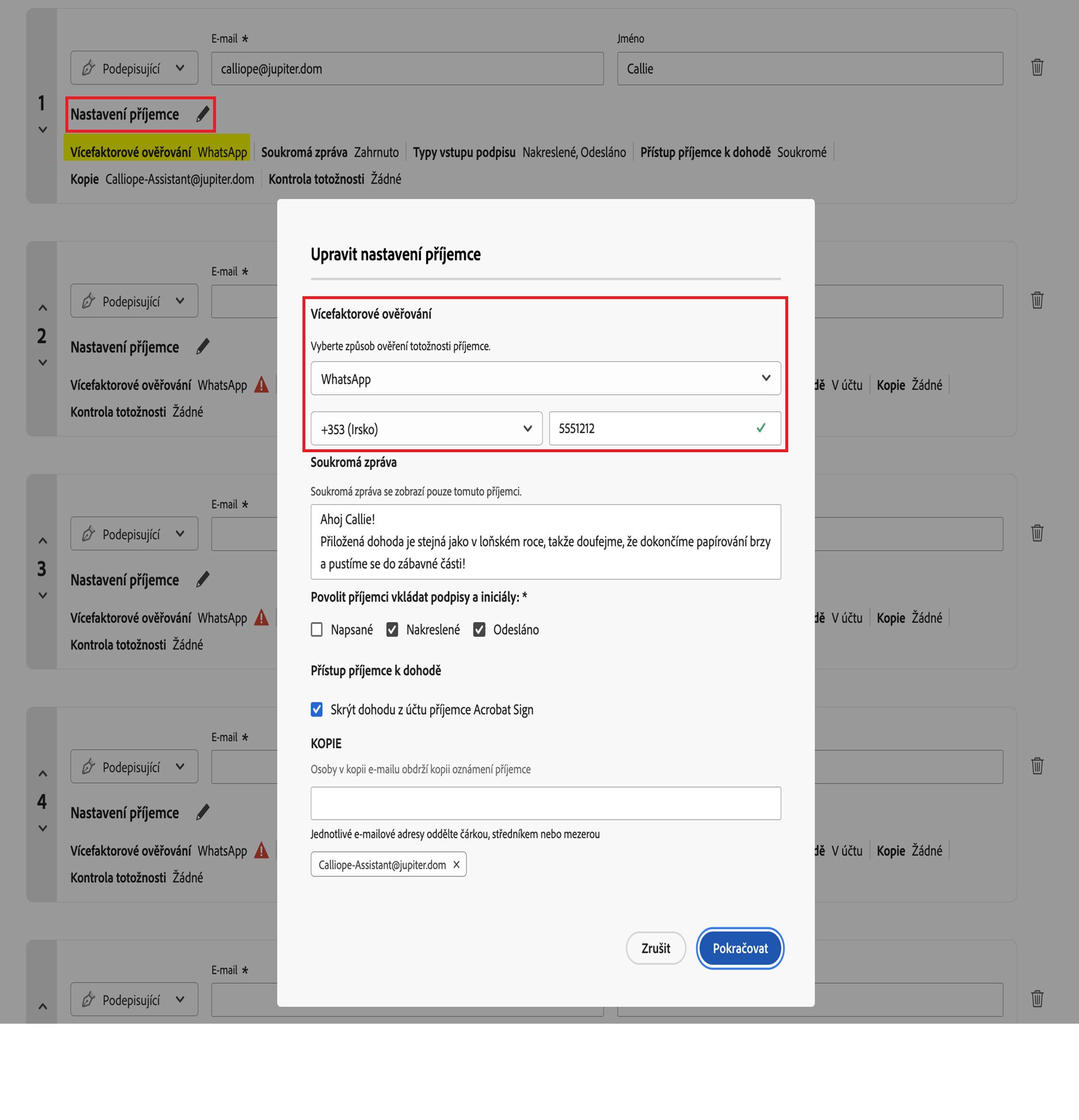 Otevřená možnost „Nastavení příjemce“ s rozbalenou možností „Vícefaktorové ověřování“