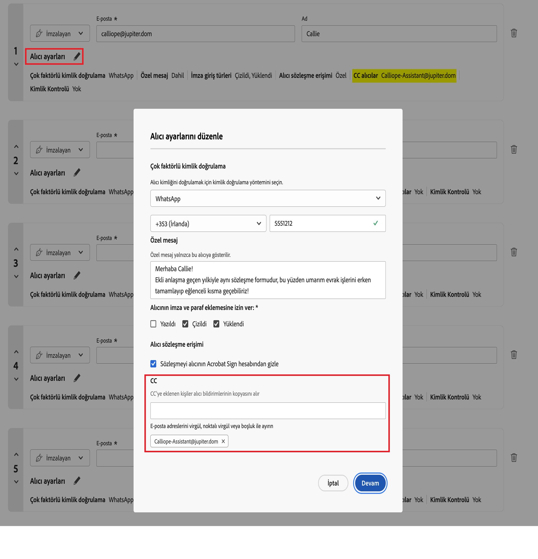 Bağlı CC'ye eklenen taraf kontrollerini vurgulayan Alıcı ayarları menüsü.