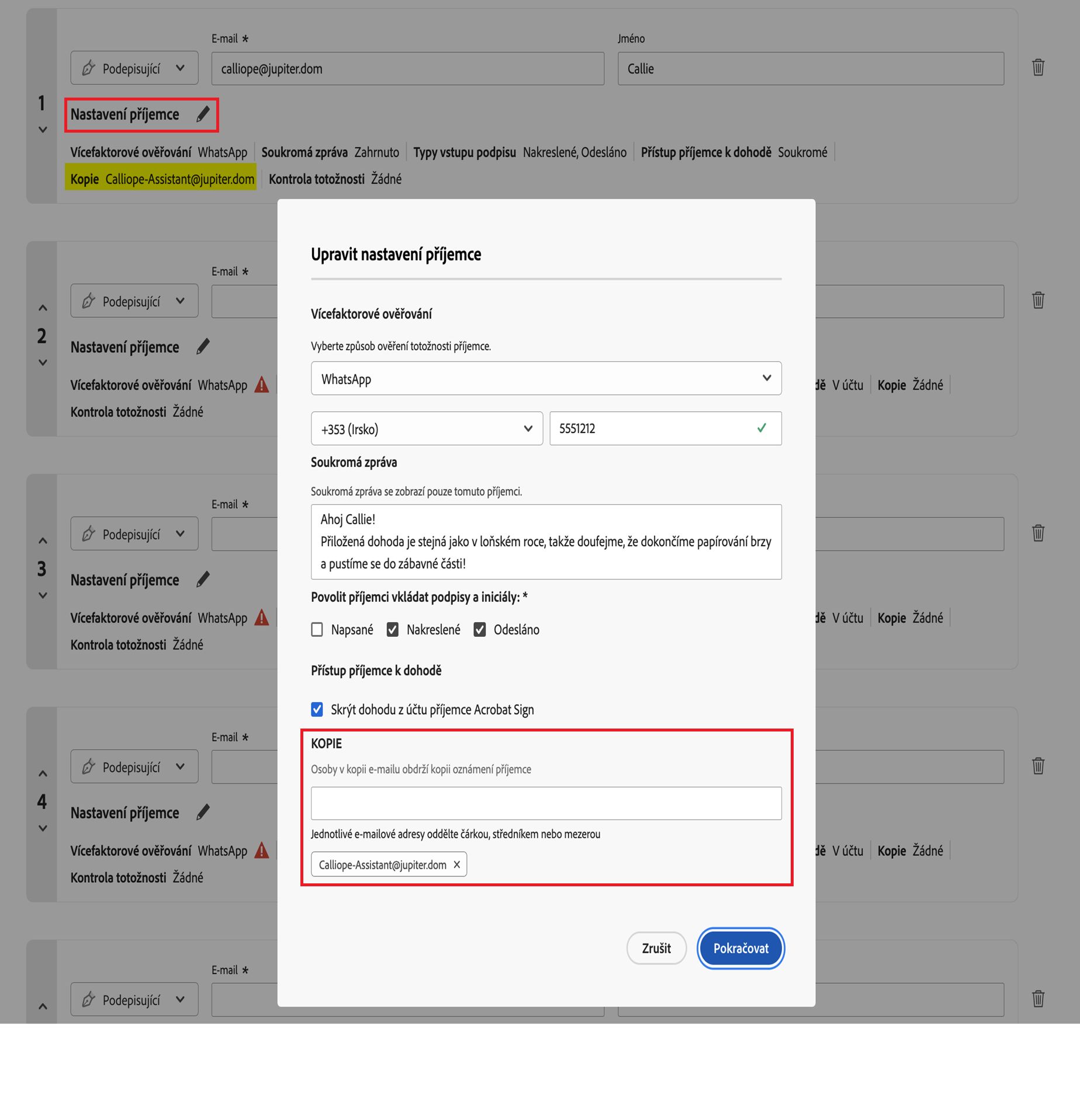 Nabídka nastavení příjemce zvýrazňující ovládací prvky připojené strany uvedené v kopii.