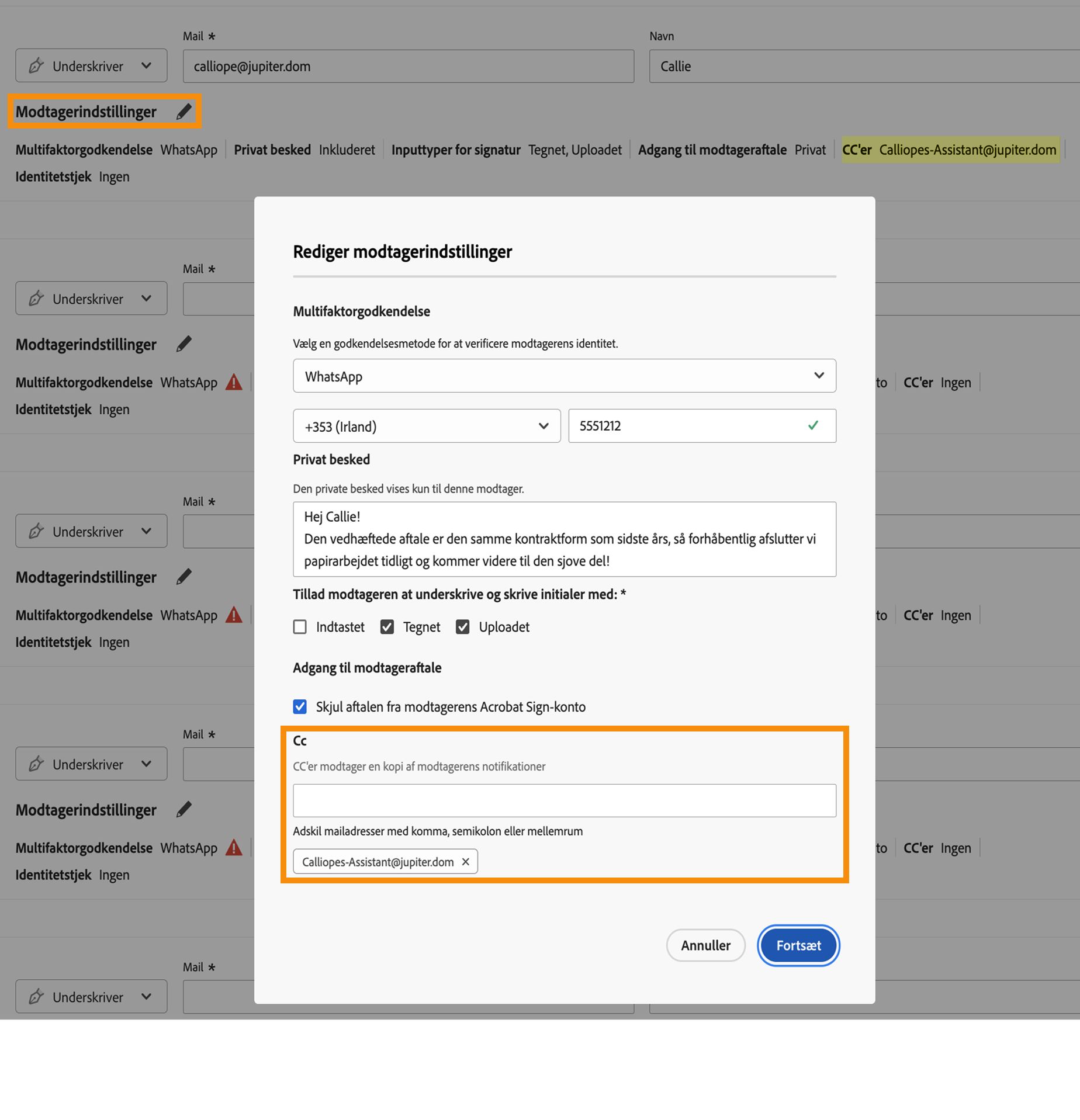Menuen Modtagerindstillinger med kontrolelementerne for de forbundne CC-parter fremhævet.