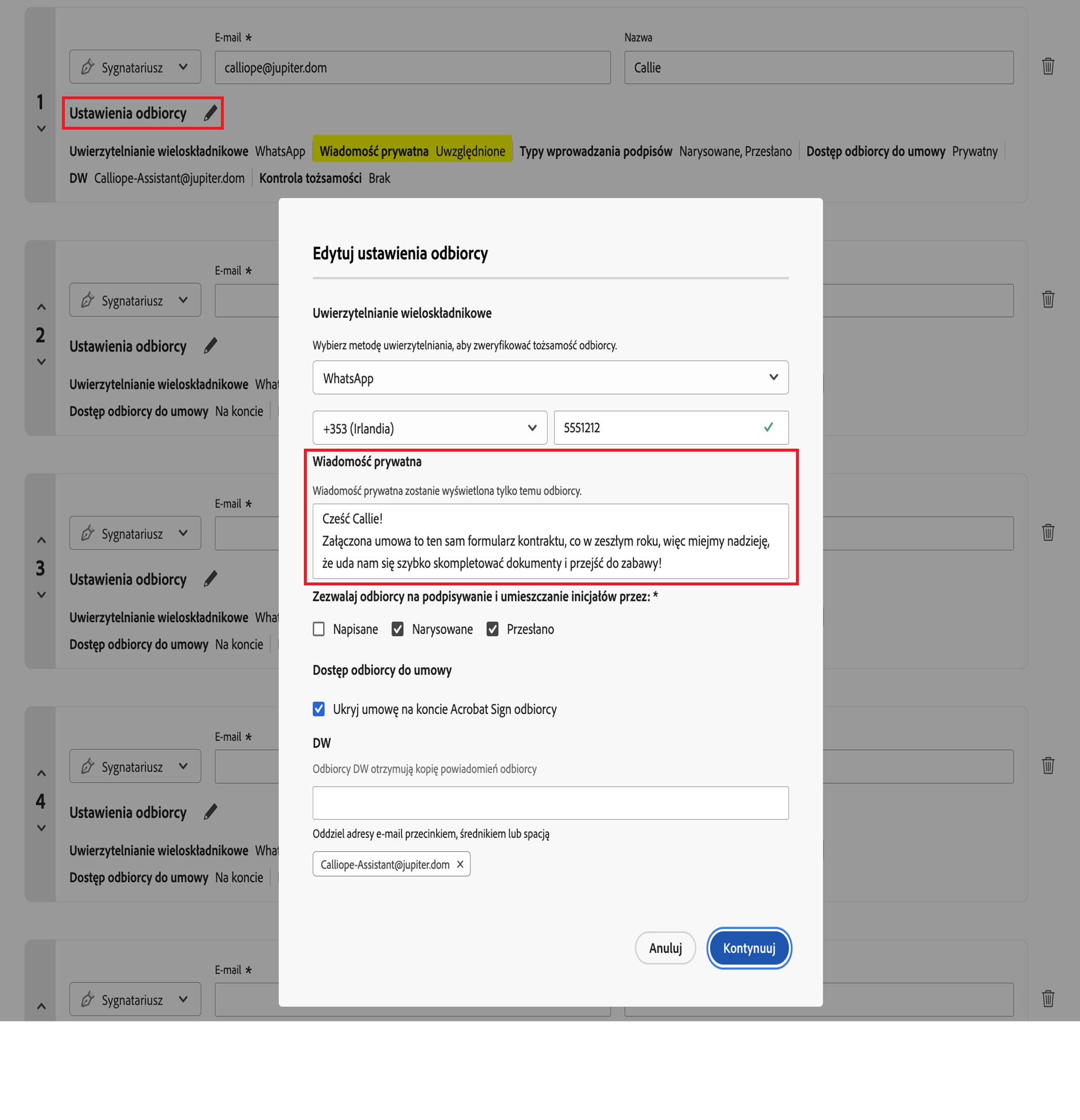 Opcja „Ustawienia odbiorcy” otwarta z rozwinięciem opcji „Wiadomość prywatna”
