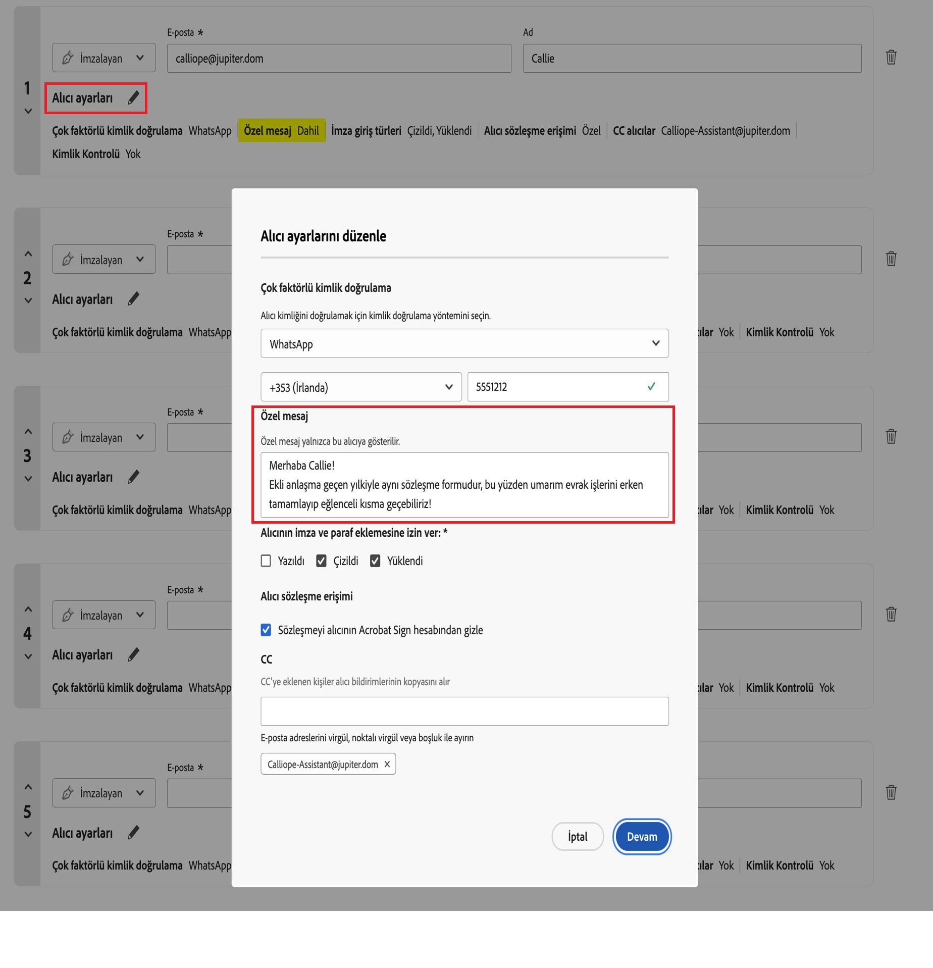 &quot;Özel mesaj&quot; genişletilmiş halde açılan &quot;Alıcı ayarları&quot; seçeneği