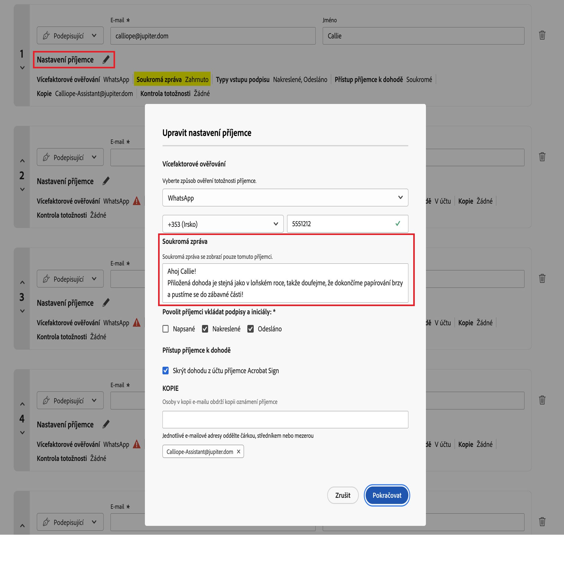 Otevřená možnost „Nastavení příjemce“ s rozbalenou možností „Soukromá zpráva“