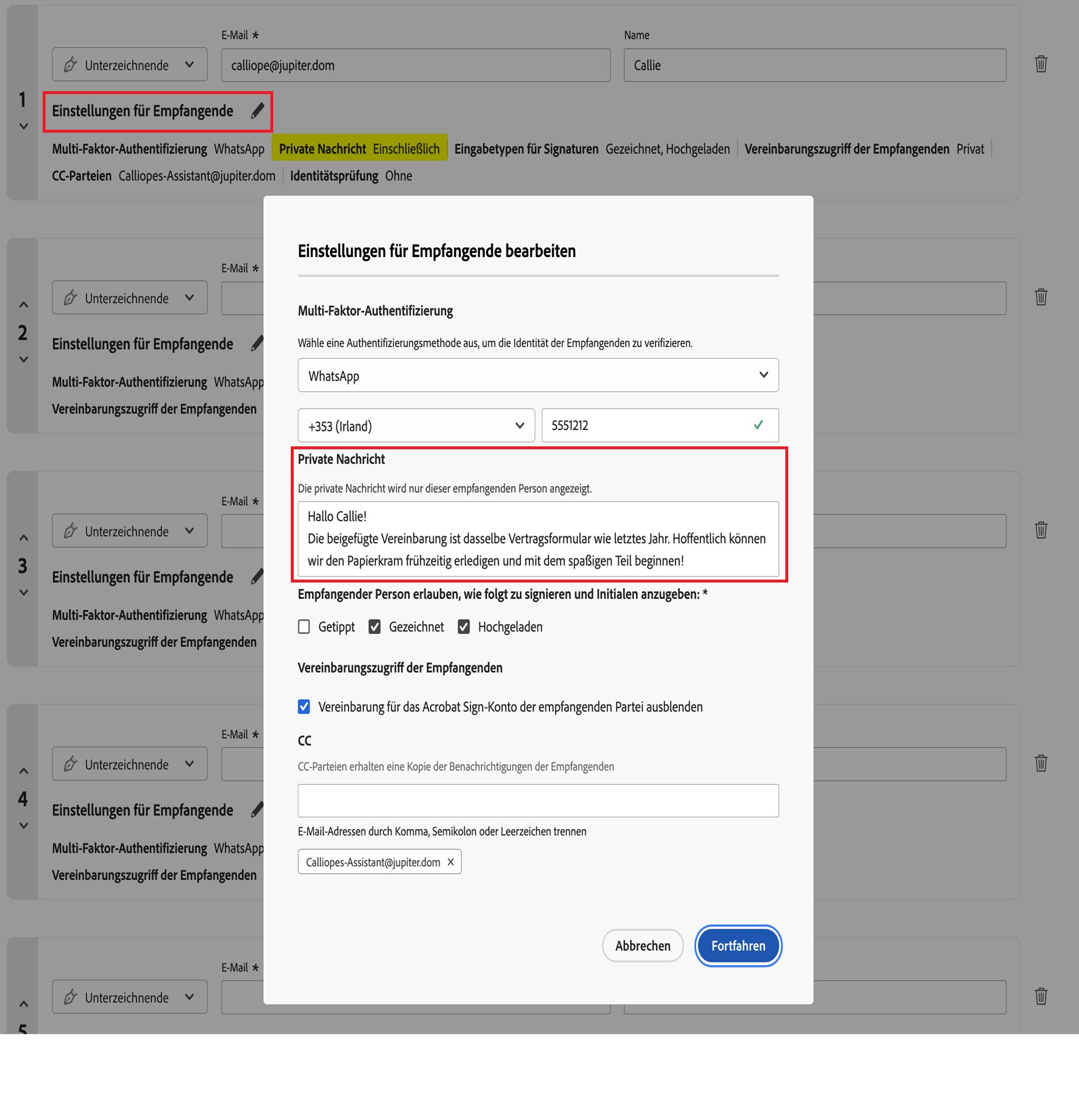 Die Option „Einstellungen für Empfangende“, „Private Nachricht“ erweitert