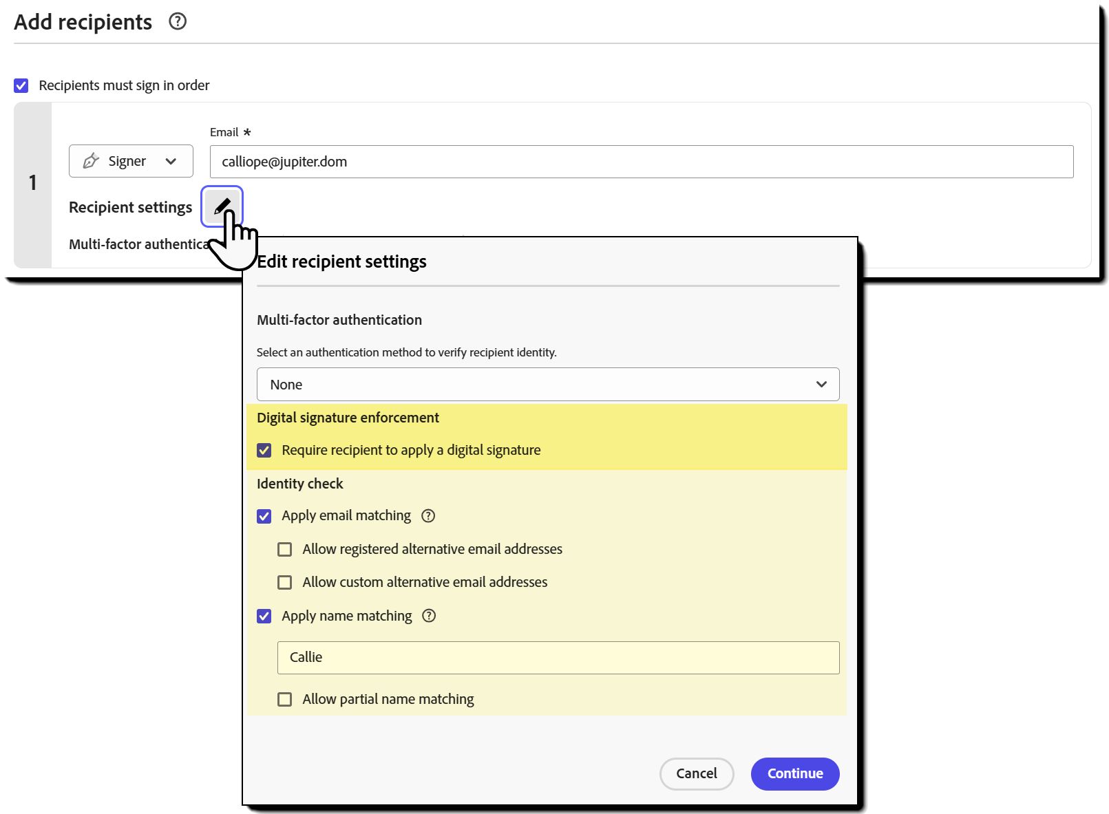 Menu « Paramètres du destinataire » avec l’option « Application de la signature numérique » mise en évidence 