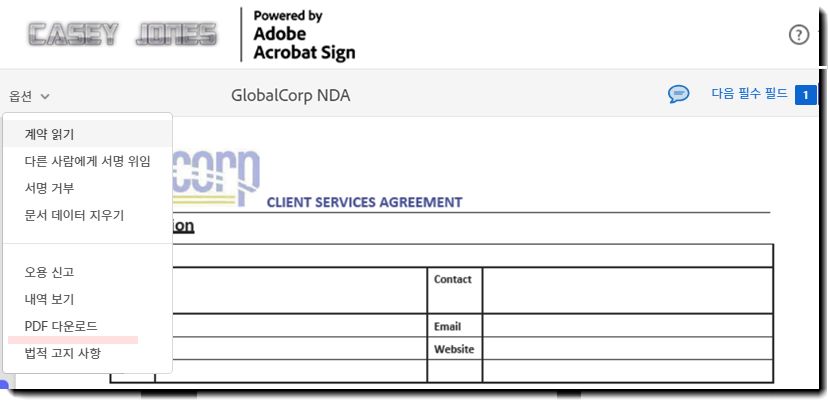 옵션 메뉴가 확장되고 &quot;개별 문서 다운로드&quot; 옵션이 없는 전자 서명 페이지
