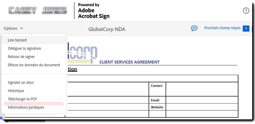 Page de signature électronique avec le menu Options développé et l’option « Télécharger les documents individuels » manquante.