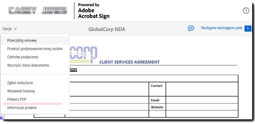 Strona podpisu elektronicznego z rozwiniętym menu opcji i brakującą opcją „Pobierz pojedyncze dokumenty”.