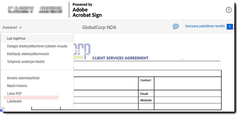 Sähköisen allekirjoituksen sivu, jolla Asetukset-valikko on laajennettuna ja Lataa yksittäisiä asiakirjoja -vaihtoehto puuttuu.