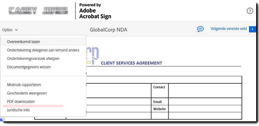 De pagina voor elektronische ondertekening met het menu Opties uitgevouwen en de optie &quot;Afzonderlijke documenten downloaden&quot; die ontbreekt.