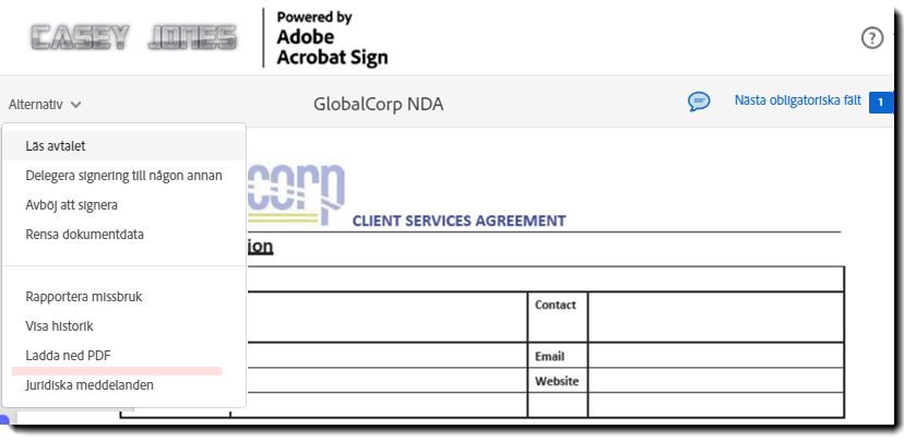 E-signeringssidan med menyn Alternativ utökad och alternativet Hämta PDF markerat.