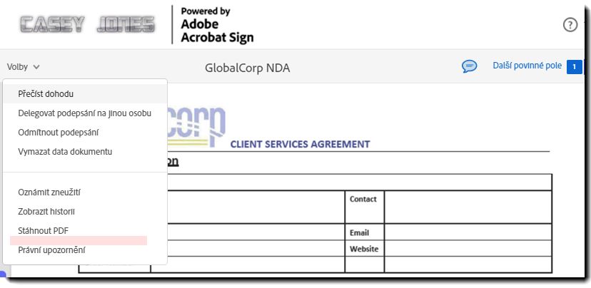 Stránka elektronického podpisu s rozbalenou nabídkou možností a chybějící možností „Stáhnout jednotlivé dokumenty“.