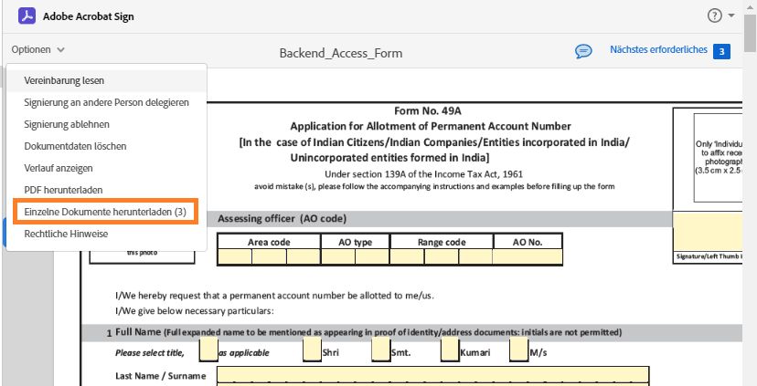 Die E-Signatur-Seite mit dem erweiterten Optionsmenü und der hervorgehobenen Option „Einzelne Dokumente herunterladen“