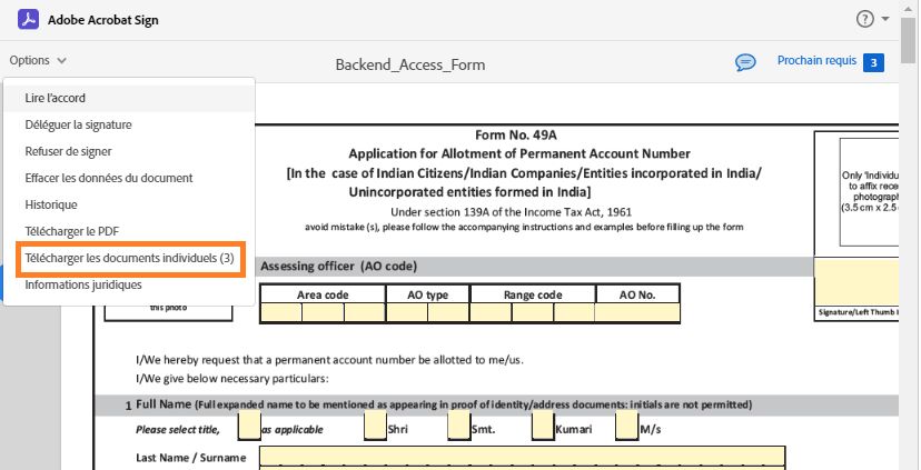 Page de signature électronique avec le menu Options développé et l’option « Télécharger les documents individuels » mise en évidence.