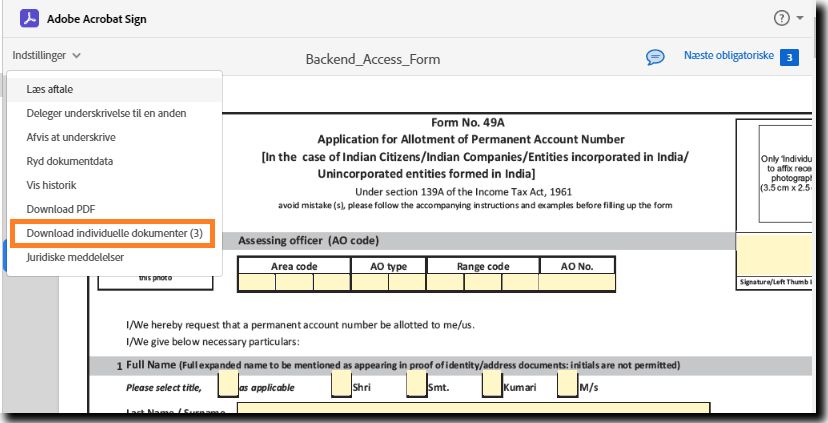 Siden for e-underskrivelse med indstillingsmenuen udvidet og indstillingen &quot;Download individuelle dokumenter&quot; fremhævet.