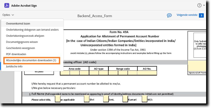 De pagina voor elektronische ondertekening met het menu Opties uitgevouwen en de optie &quot;Afzonderlijke documenten downloaden&quot; gemarkeerd.
