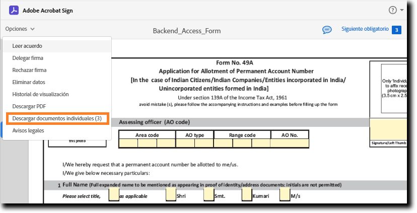 Página de firma electrónica con el menú Opciones ampliado y la opción “Descargar documentos individuales” resaltada.