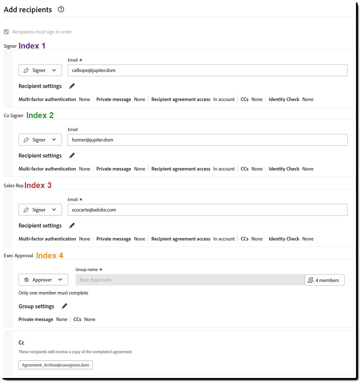 Esempio di pagina di composizione personalizzata che mostra i destinatari con i relativi numeri di indice inseriti.