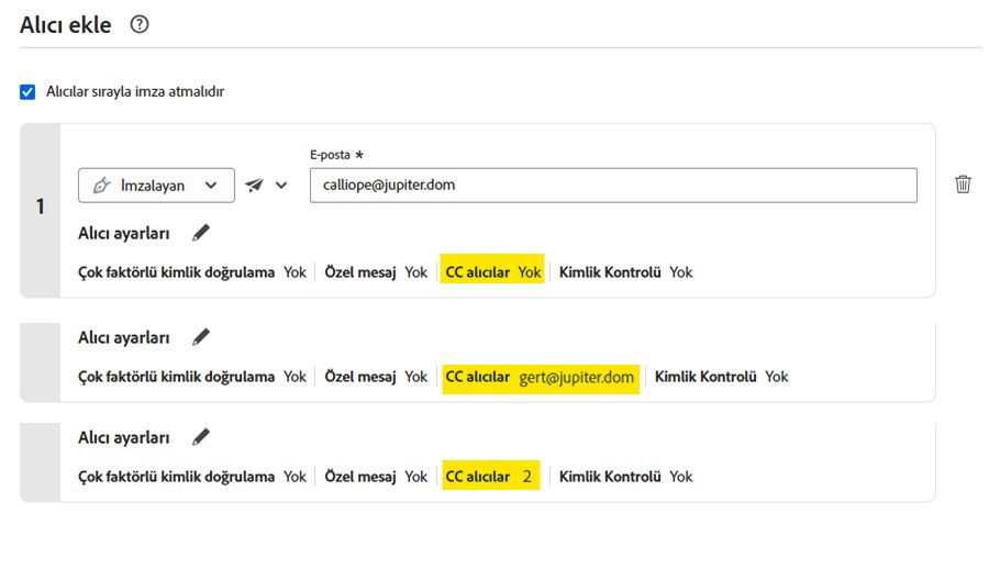 Yapılandırılmamış bir alıcı için tek bir CC'ye sahip bir alıcı için ve iki CC'ye sahip bir alıcı için &quot;CC'dekiler&quot; değerinin vurgulandığı &quot;Gönder&quot; sayfası.