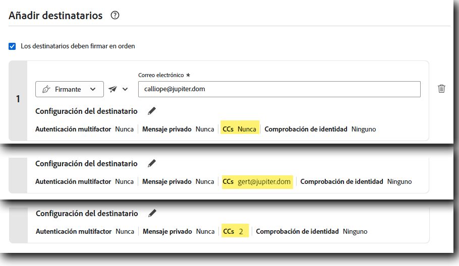 Página “Enviar” resaltando el valor “CC” para un destinatario no configurado, un destinatario con una CC y un destinatario con dos partes en CC.