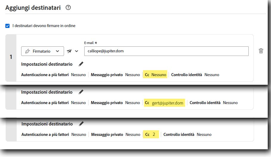 Pagina “Invia” in cui è evidenziato il valore “Cc” per un destinatario non configurato, un destinatario con una parte in Cc e un destinatario con due parti in Cc.