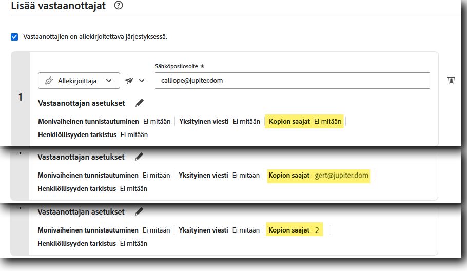 Lähetä-sivulla on korostettuna ei-määritetyn vastaanottajan, vastaanottajan, jolla on yksi kopion saaja sekä vastaanottajan, jolla on kaksi kopion saavaa osapuolta, kopion saajien arvo.