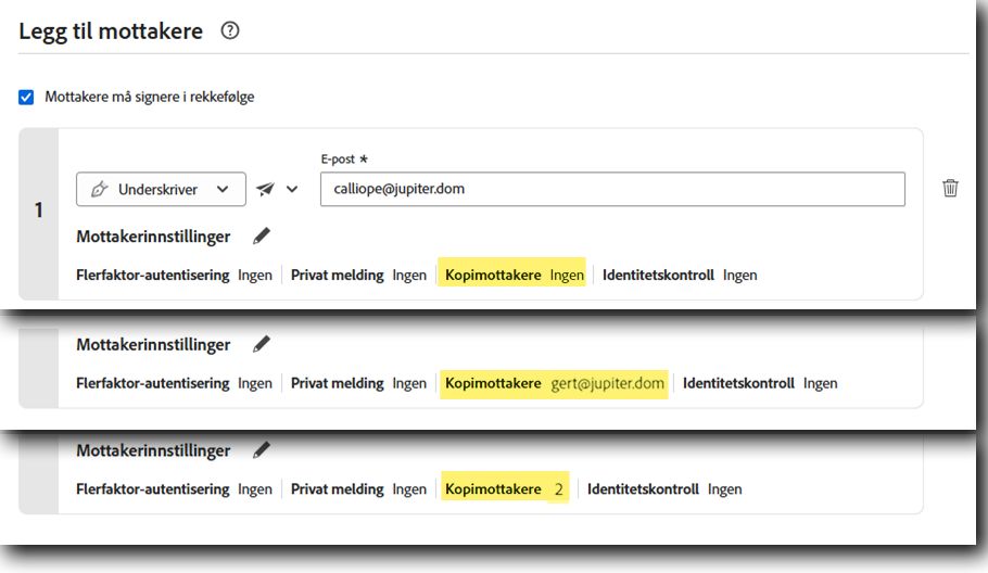 «Send»-siden uthever «kopimottaker»-verdien for en ukonfigurert mottaker, en mottaker med én kopimottaker og en mottaker med to kopimottakere.