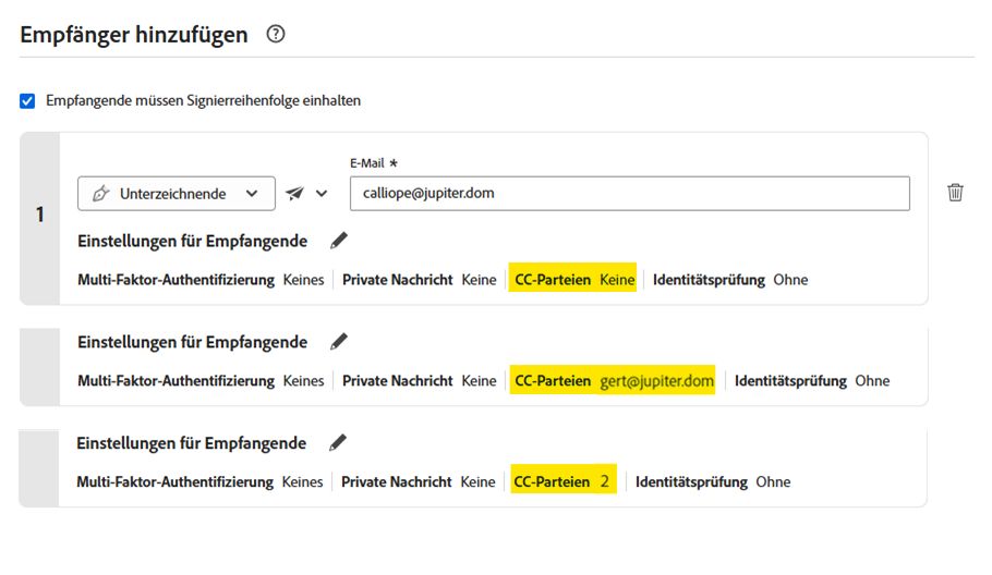 Seite „Senden“, auf der der „CC-Parteien“-Wert für eine*n nicht konfigurierte*n Empfänger*in, eine*n Empfänger*in mit einer CC-Partei und eine*n Empfänger*in mit zwei CC-Parteien hervorgehoben ist.