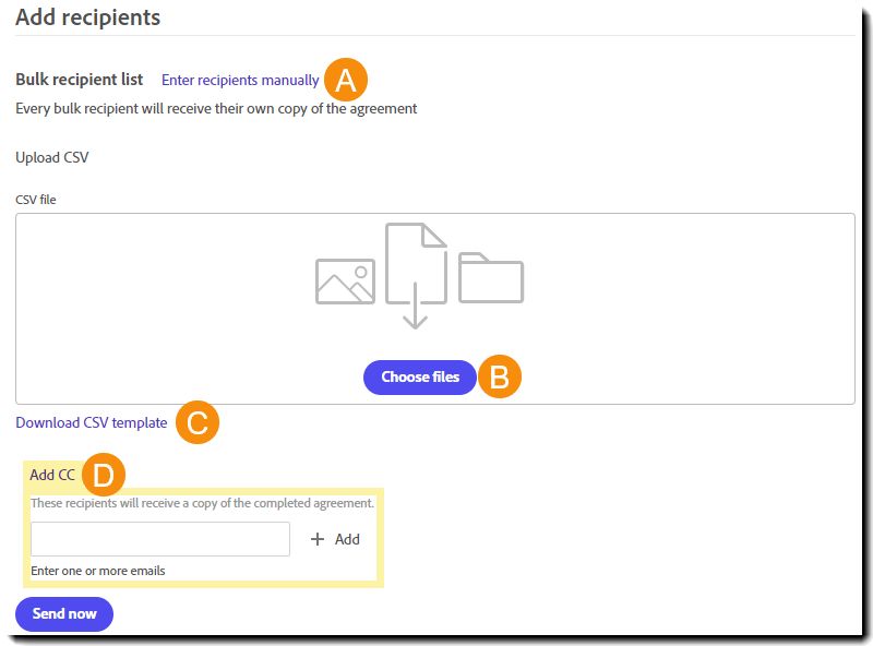 Sezione Aggiungi destinatari dell’interfaccia Invia in modalità collettiva con gli elementi configurabili numerati