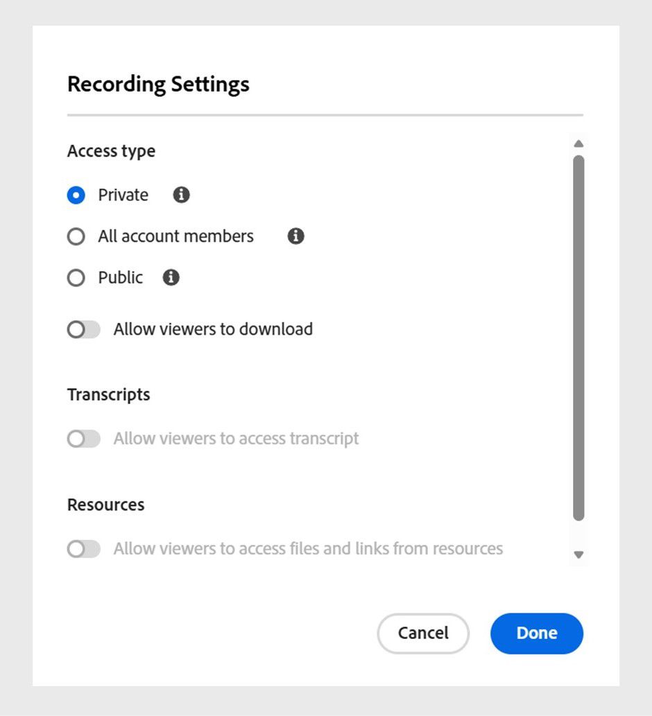 Recording Settings pop-up window displaying options to change the access type and enable additional viewer permissions