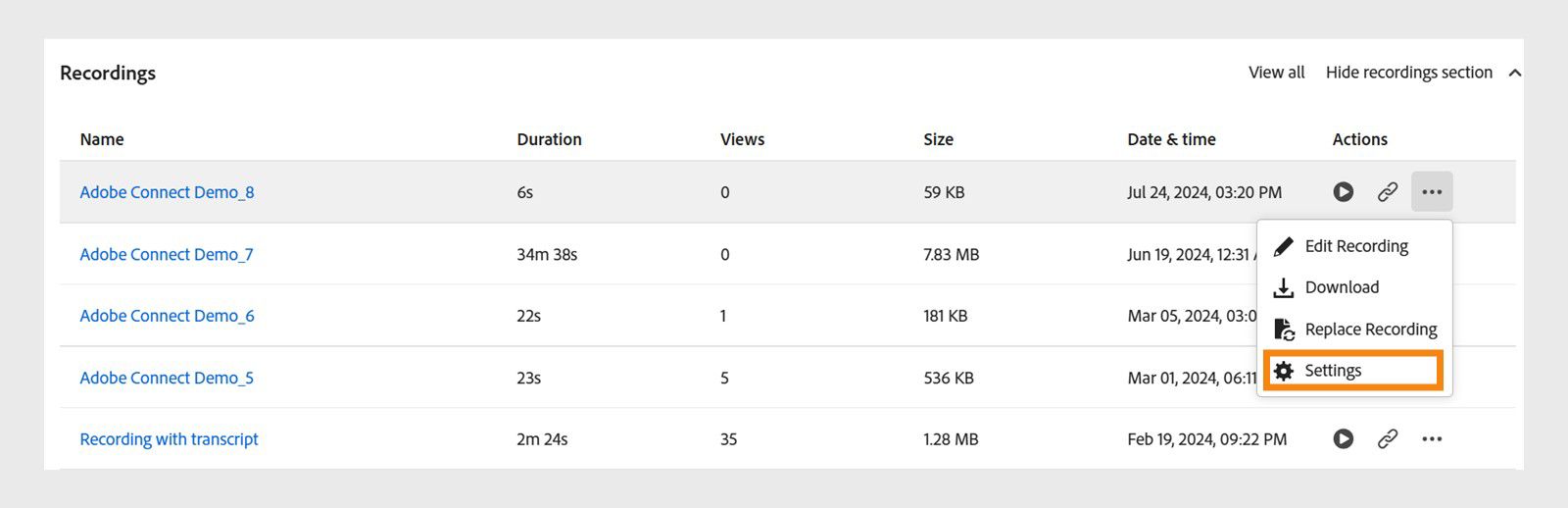 Dropdown menu in the Recordings widget displaying options to modify recording settings.