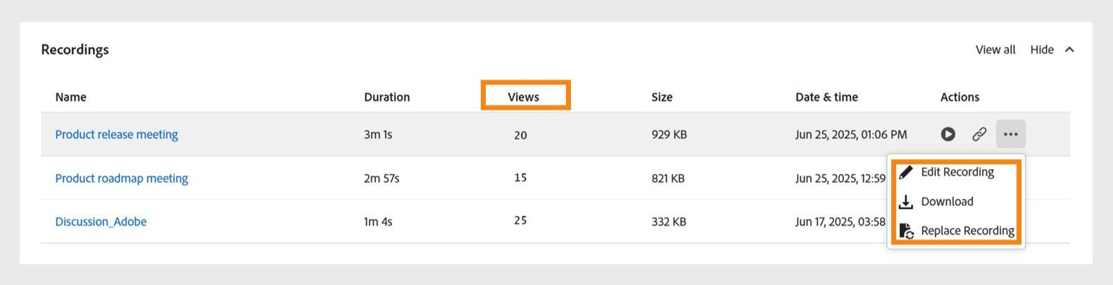 Recordings widget showing the options to edit, download and replace a recording.