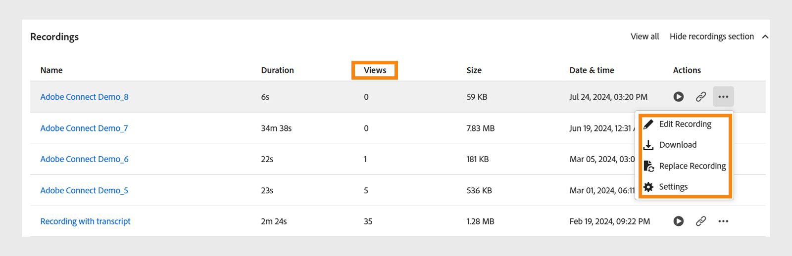 Recordings widget showing the options to edit, download, replace, or modify the access settings of a recording.