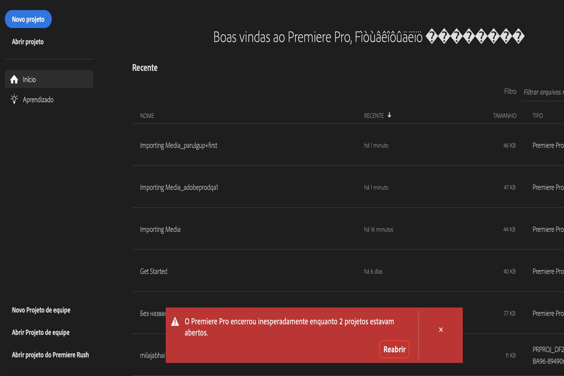 A imagem mostra um pop-up com a seguinte mensagem: “O Premiere Pro fechou inesperadamente enquanto 3 projetos estavam abertos”.
