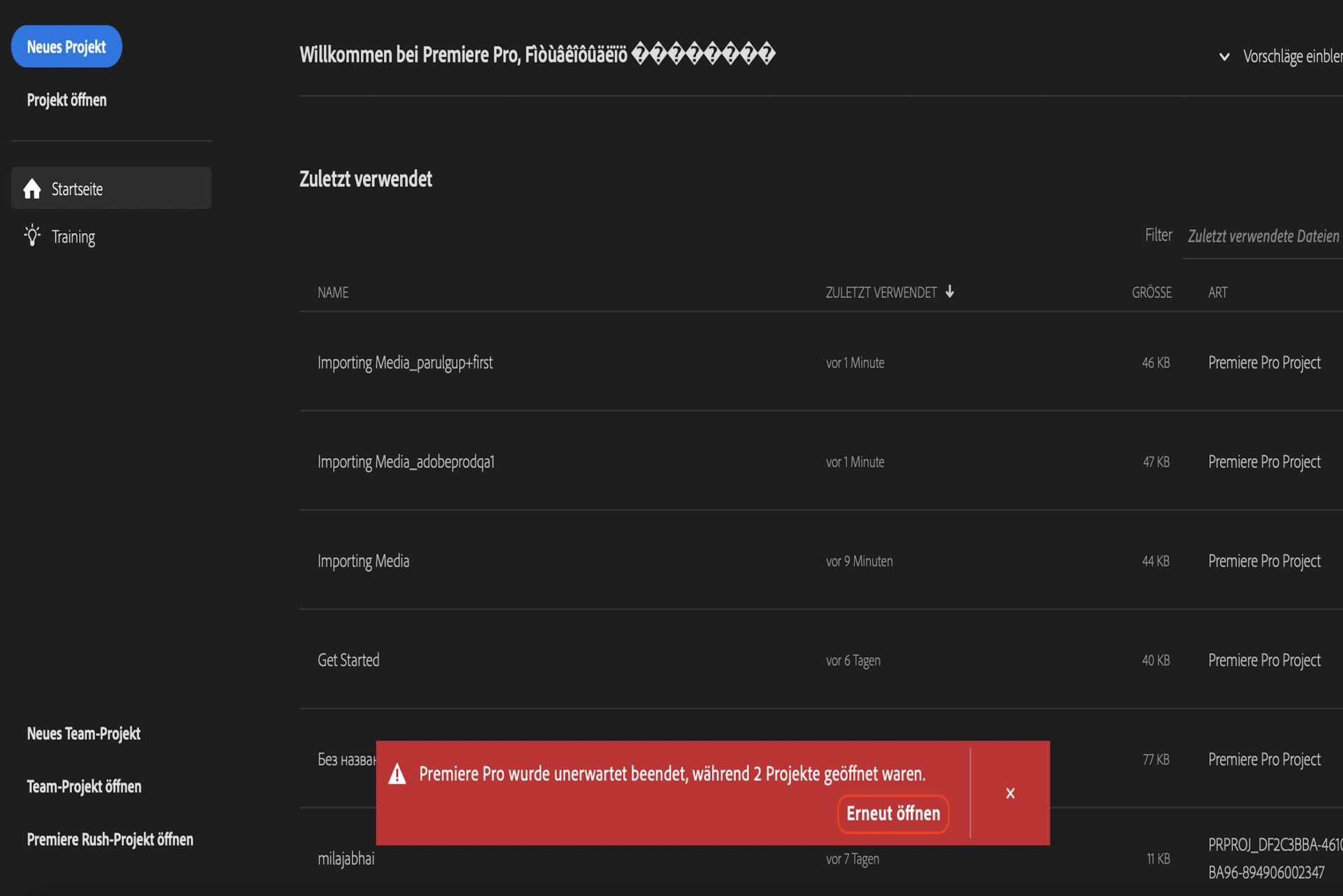 Das Bild zeigt ein Popup mit der Meldung: „Premiere Pro wurde unerwartet beendet, während 3 Projekte geöffnet waren.“