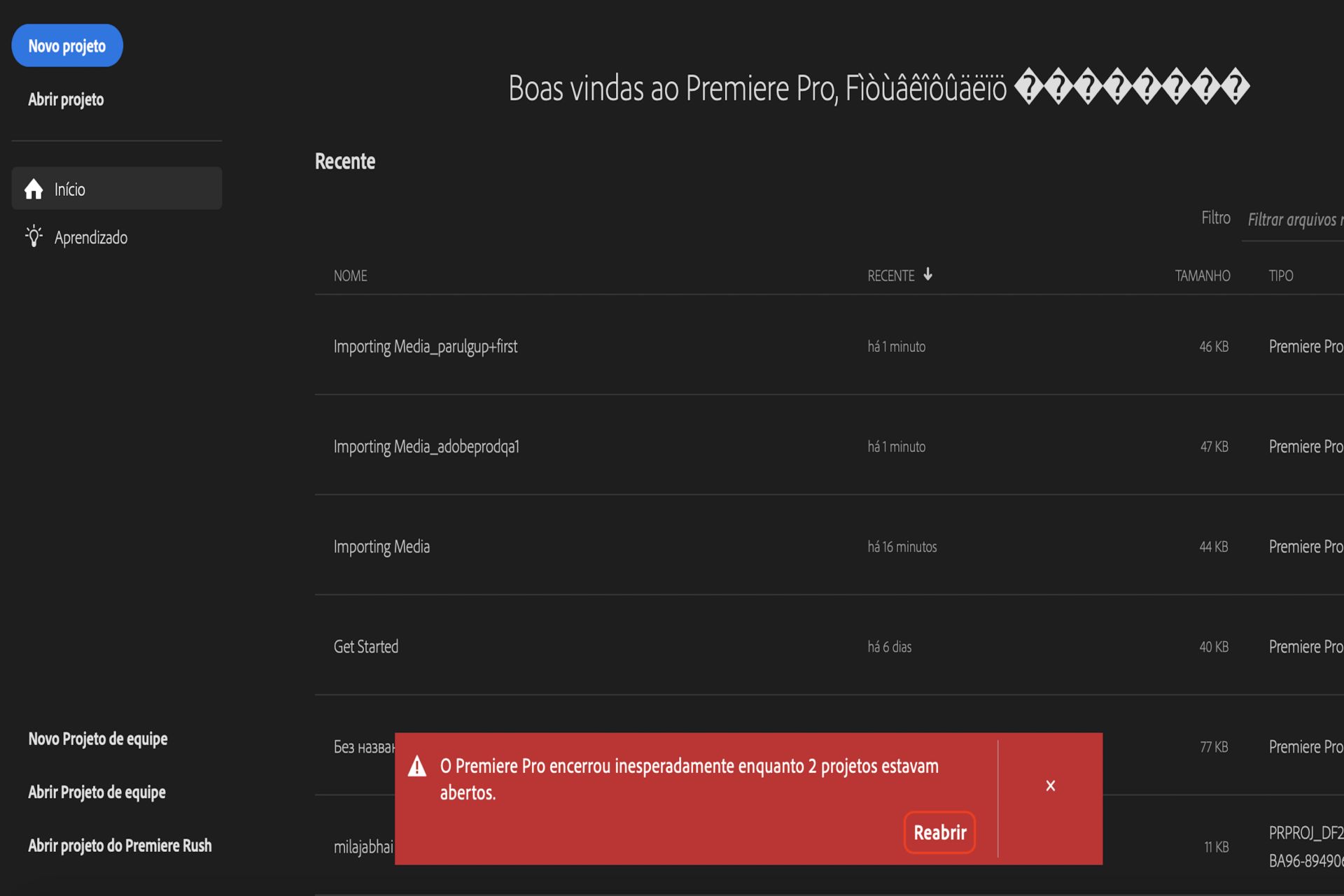 A imagem mostra um pop-up com a seguinte mensagem: “O Premiere Pro fechou inesperadamente enquanto 3 projetos estavam abertos.&quot;