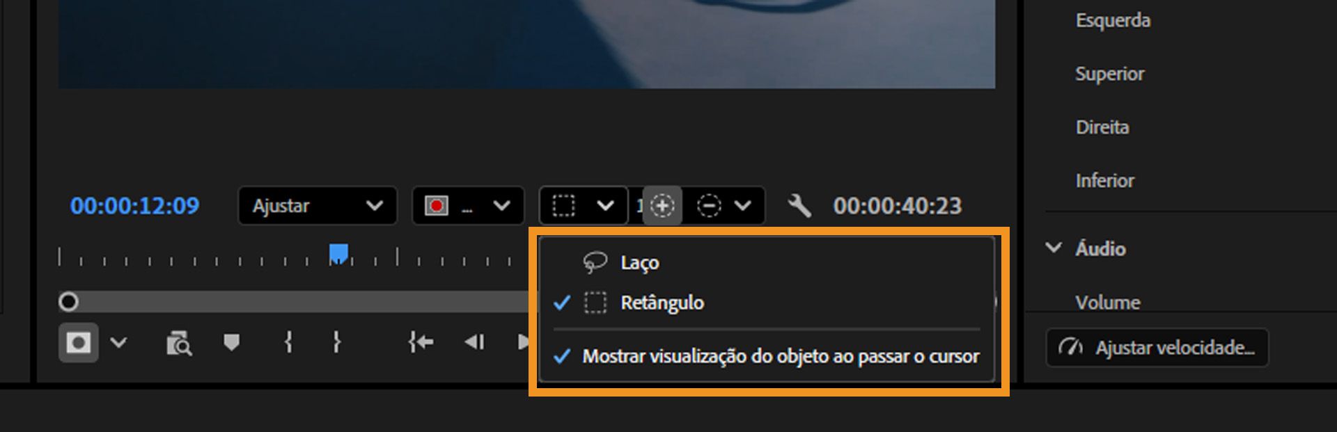 As ferramentas Retângulo e Laço são destacadas para selecionar objetos.A prévia ao passar o cursor do mouse está habilidade para seleções mais rápidas e precisas no monitor de programa.