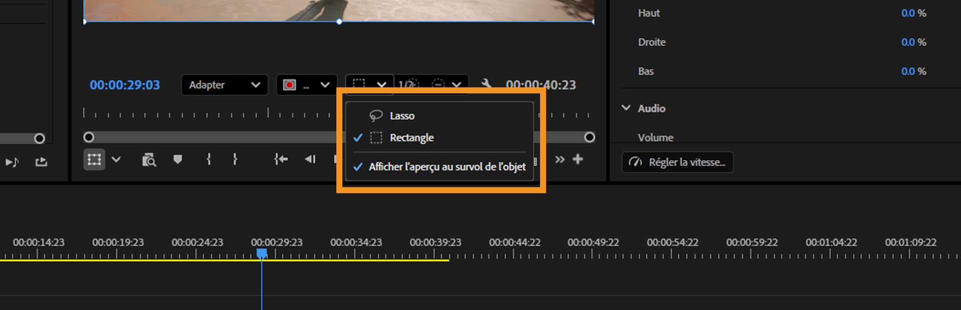 Les outils Rectangle et Lasso sont mis en surbrillance pour sélectionner des objets.La prévisualisation au survol est activée pour des sélections plus rapides et plus précises dans le moniteur du programme.